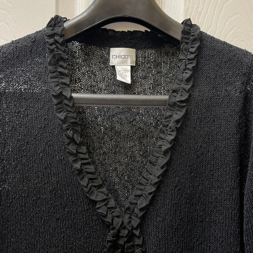 VTG Chico's Black Ruffle Trim Open Cardigan Sz‎ 1 Medium  Textured Knit Sweater